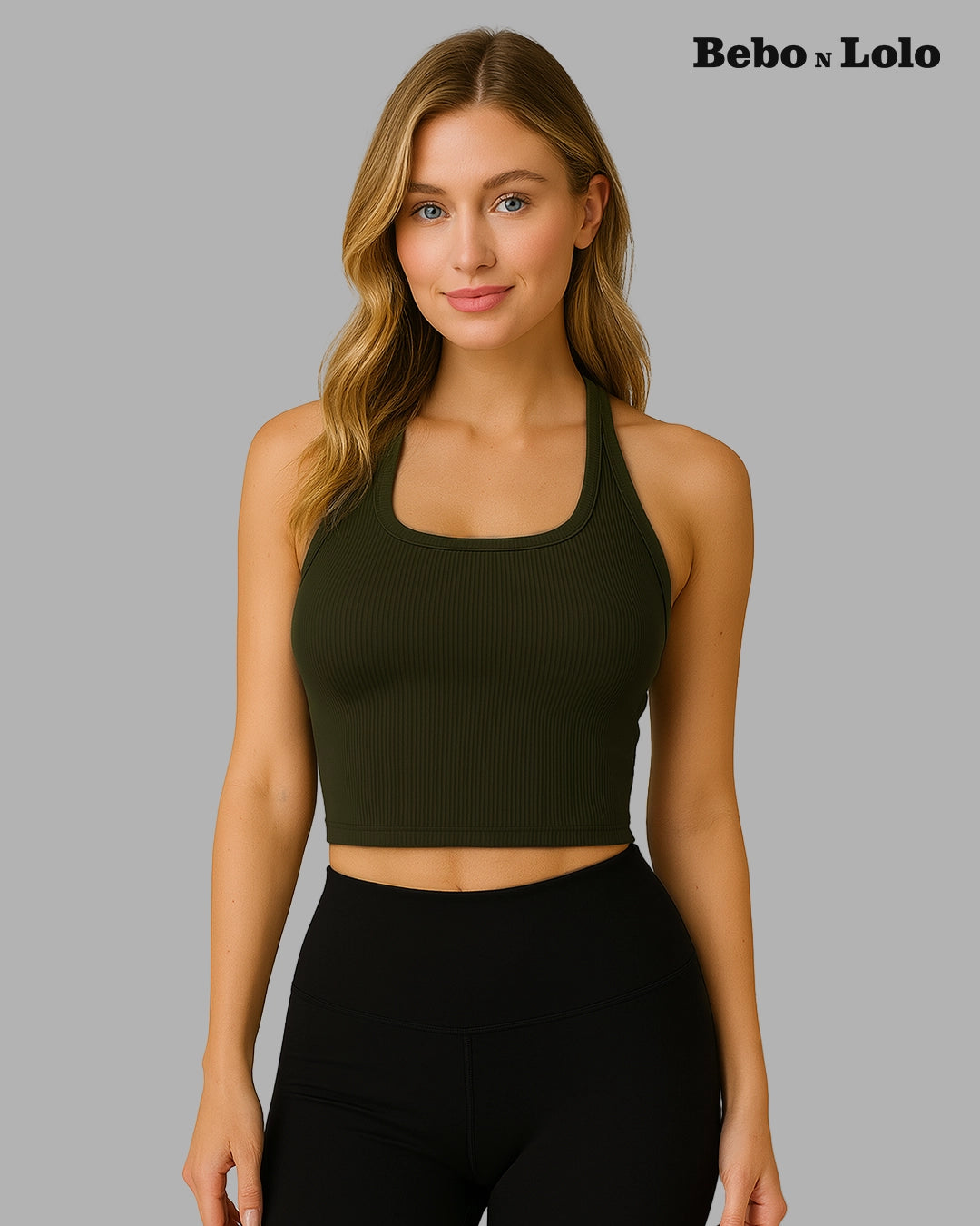 Olive Active Ribbed Halter Crop Top
