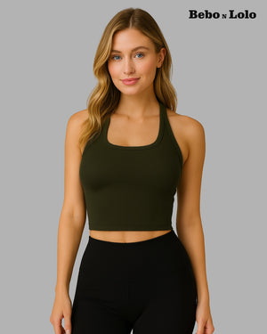 Olive Active Ribbed Halter Crop Top