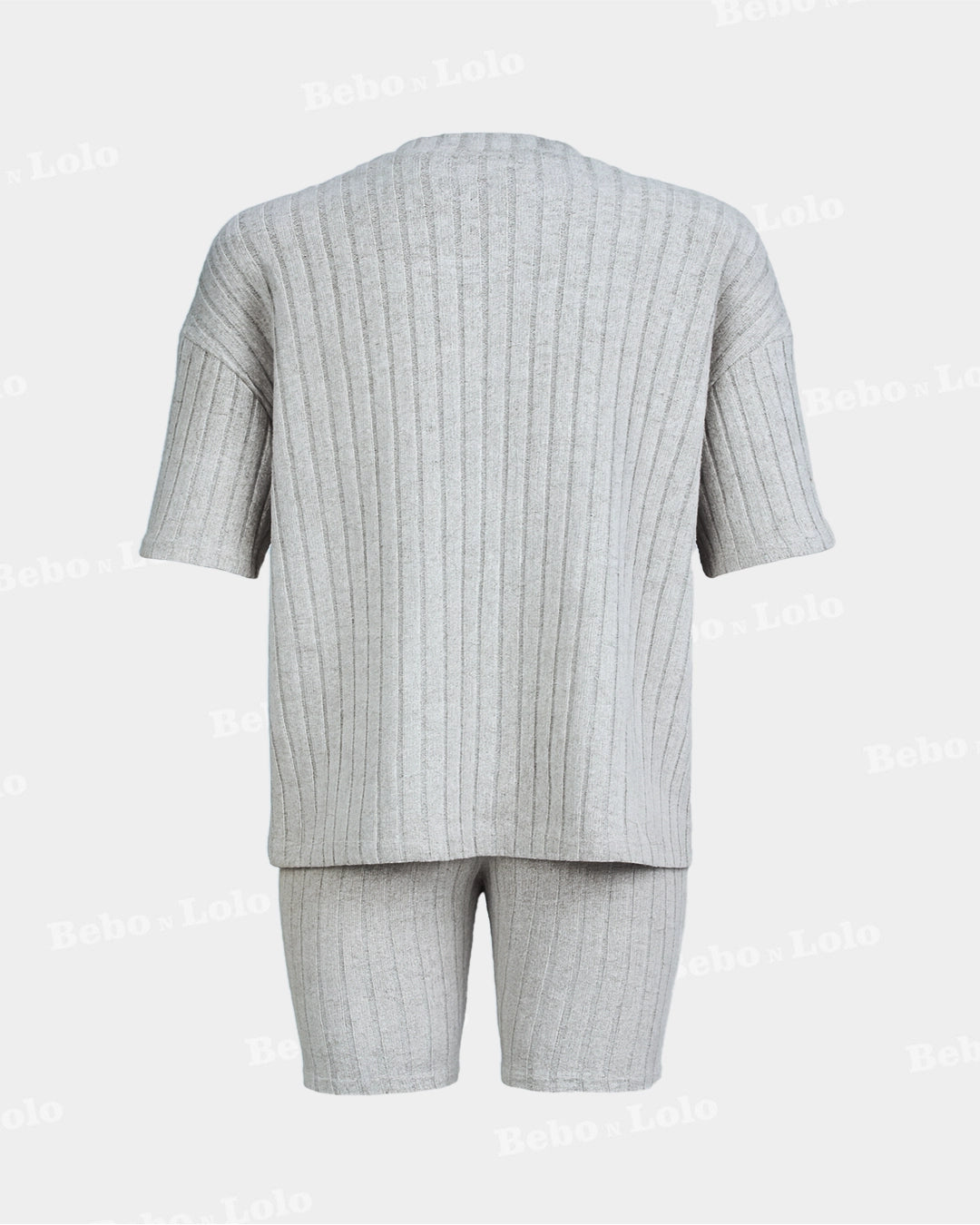 BeboNLolo grey  ribbed co-ord set with oversized half-sleeve top and matching shorts – Back View
