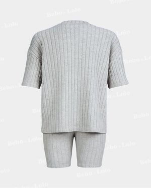 BeboNLolo grey  ribbed co-ord set with oversized half-sleeve top and matching shorts – Back View