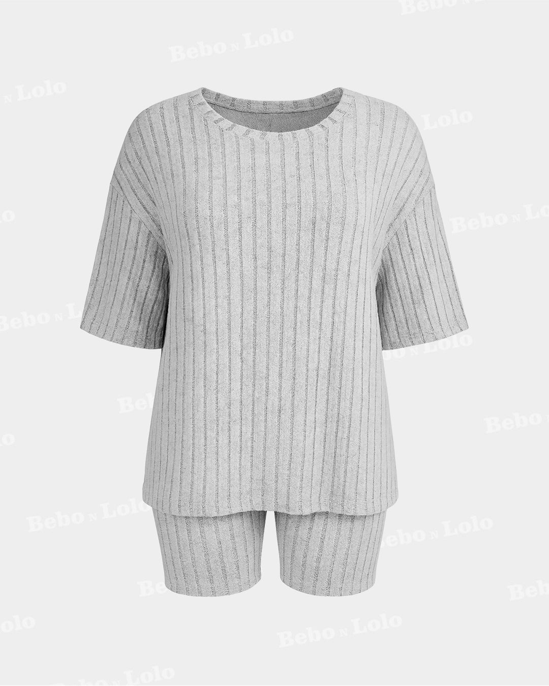 BeboNLolo grey  ribbed co-ord set with oversized half-sleeve top and matching shorts – front View