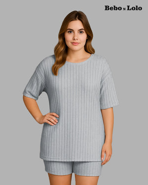 BeboNLolo grey ribbed co-ord set with oversized half-sleeve top and matching shorts – Front View