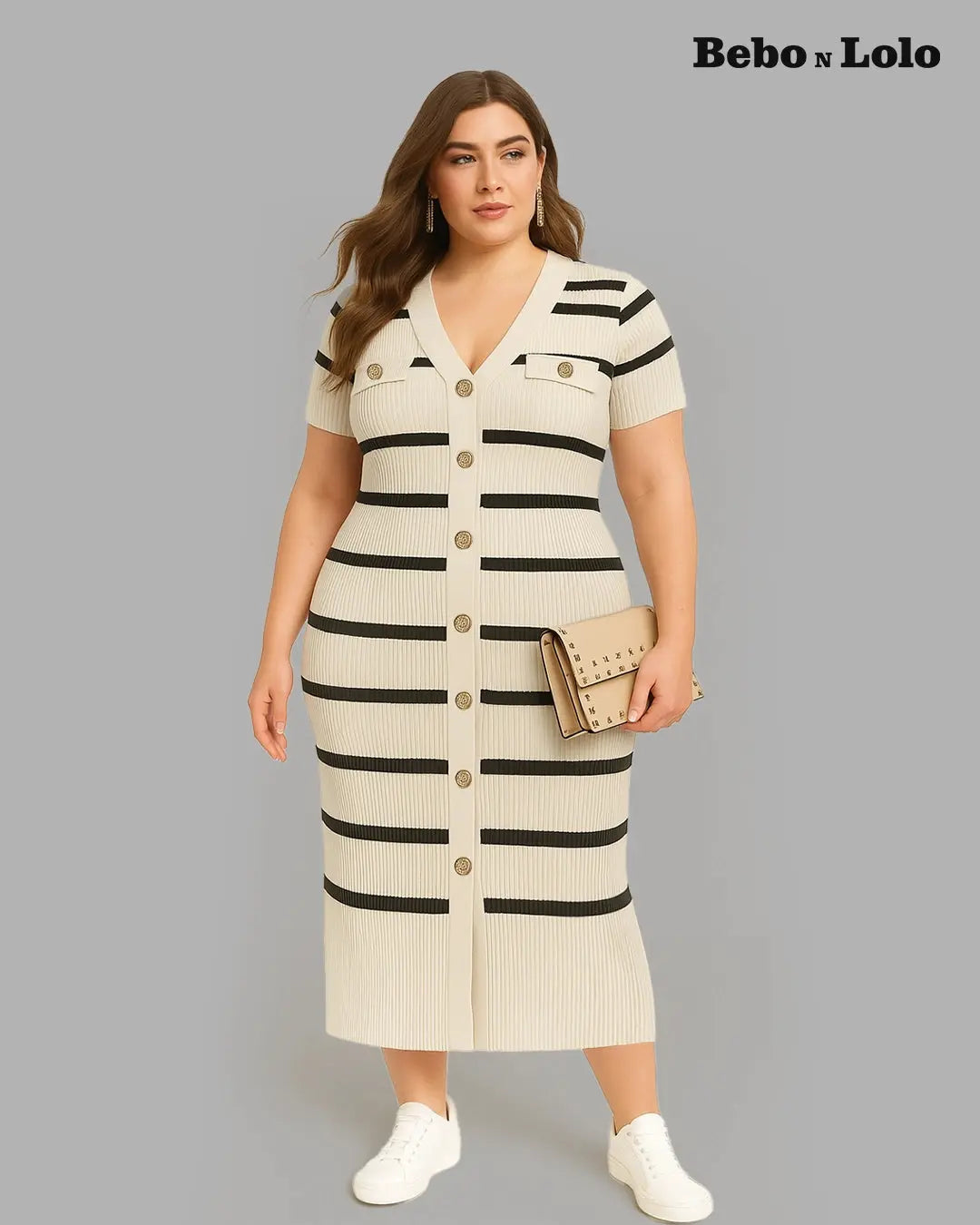 BeboNLolo plus-size striped button-down bodycon dress – Front View