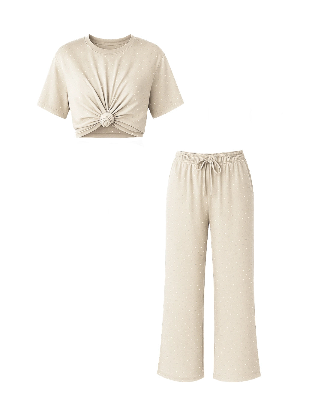 Beige top and wide-leg pants set on a white background