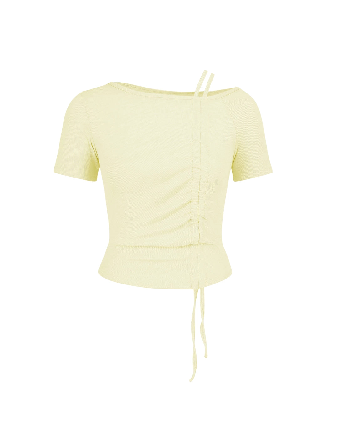 Yellow short-sleeve top with drawstring details on a white background