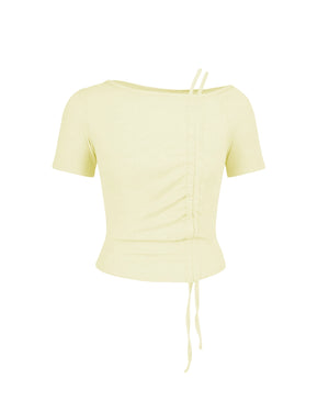 Yellow short-sleeve top with drawstring details on a white background