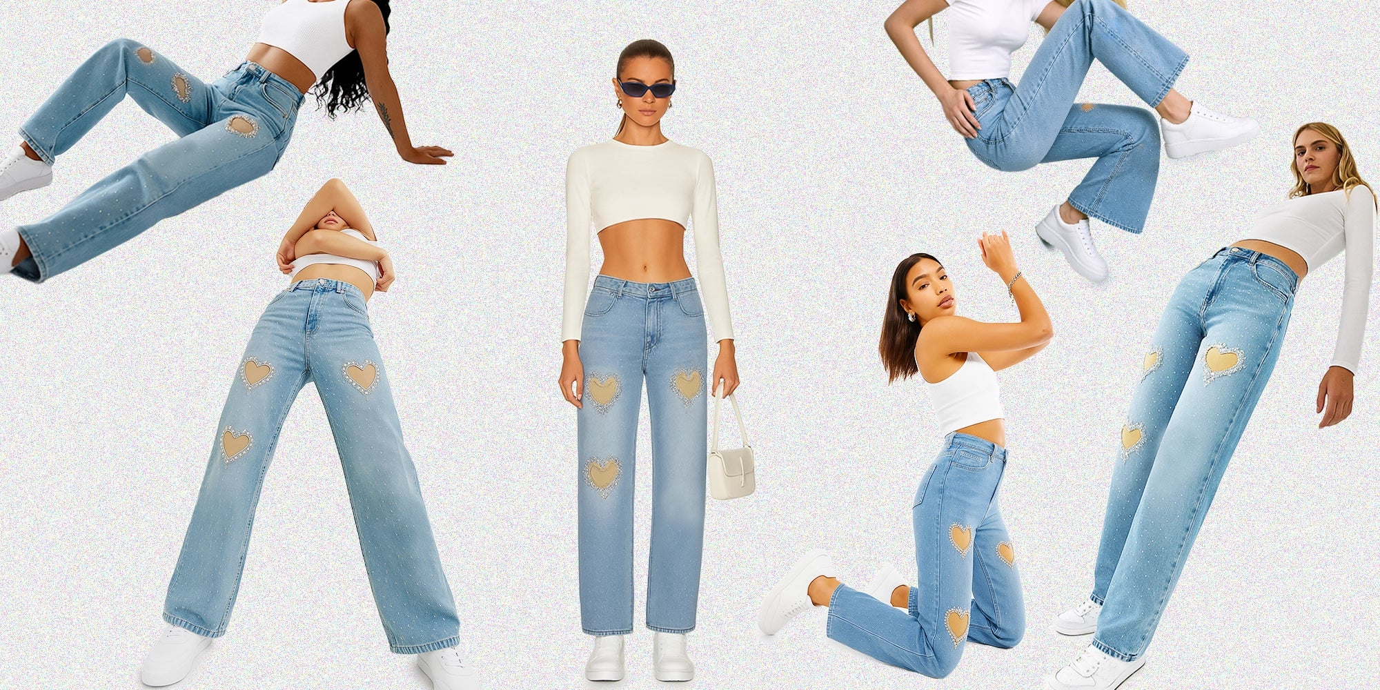 BeboNLolo fashion banner – light blue denim jeans with heart cut-out patch design styled with white crop tops