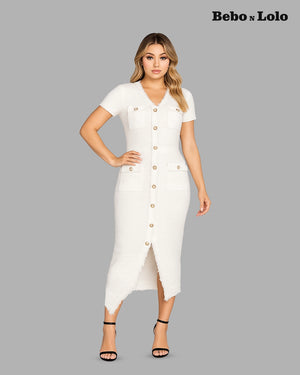 BeboNLolo white button-down midi dress with pearl buttons, V-neckline and front slit – Front View