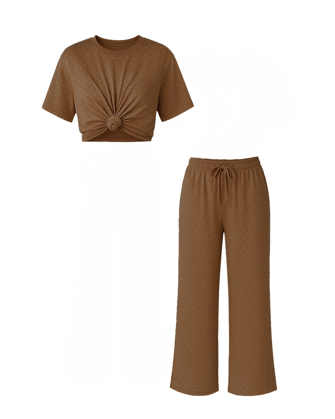 Brown top and pants set on a white background