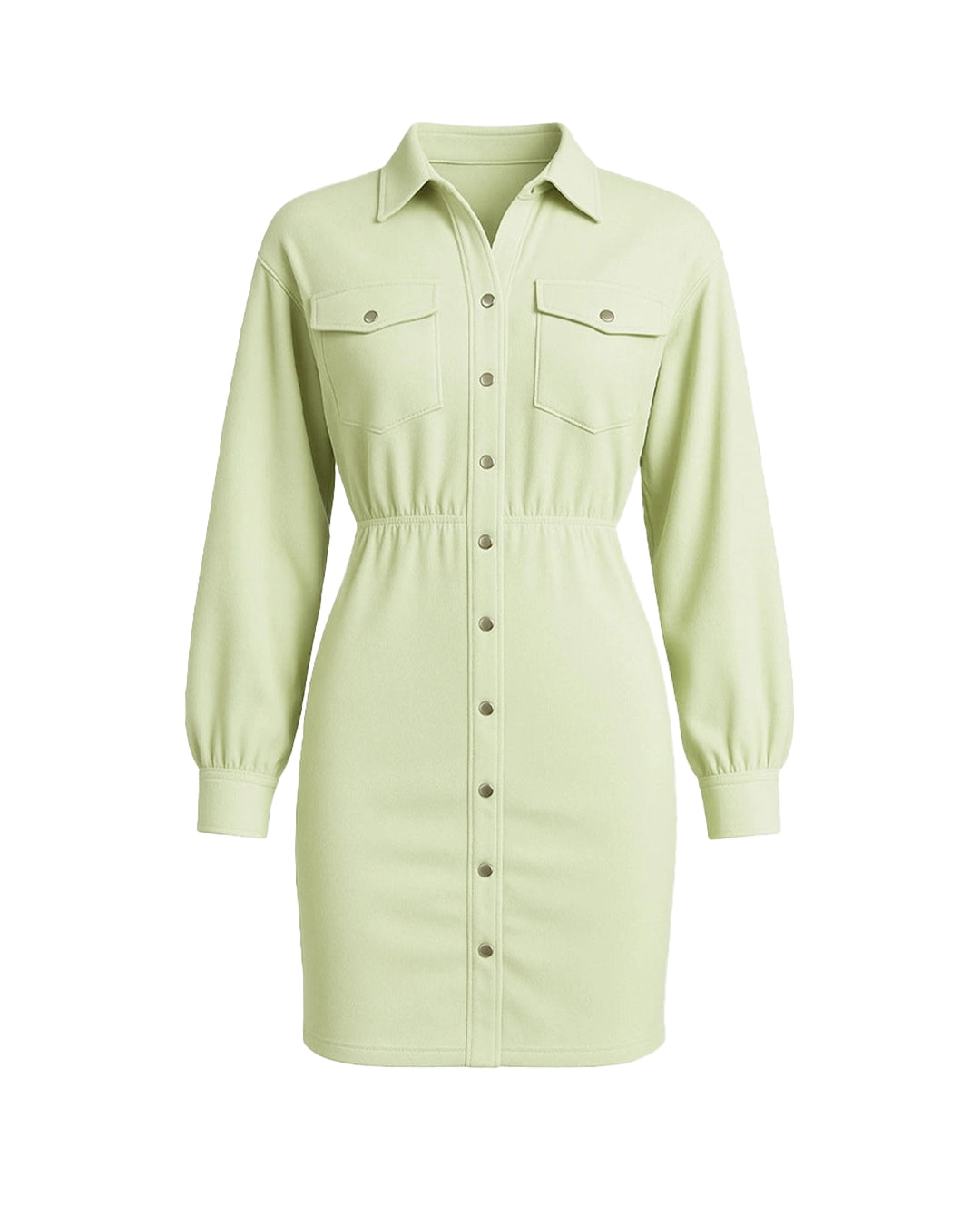 Light green dress with button details on a white background