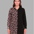 BeboNLolo Eclipse Contrast Leopard Shirt with half pink leopard print and half solid black – Front View