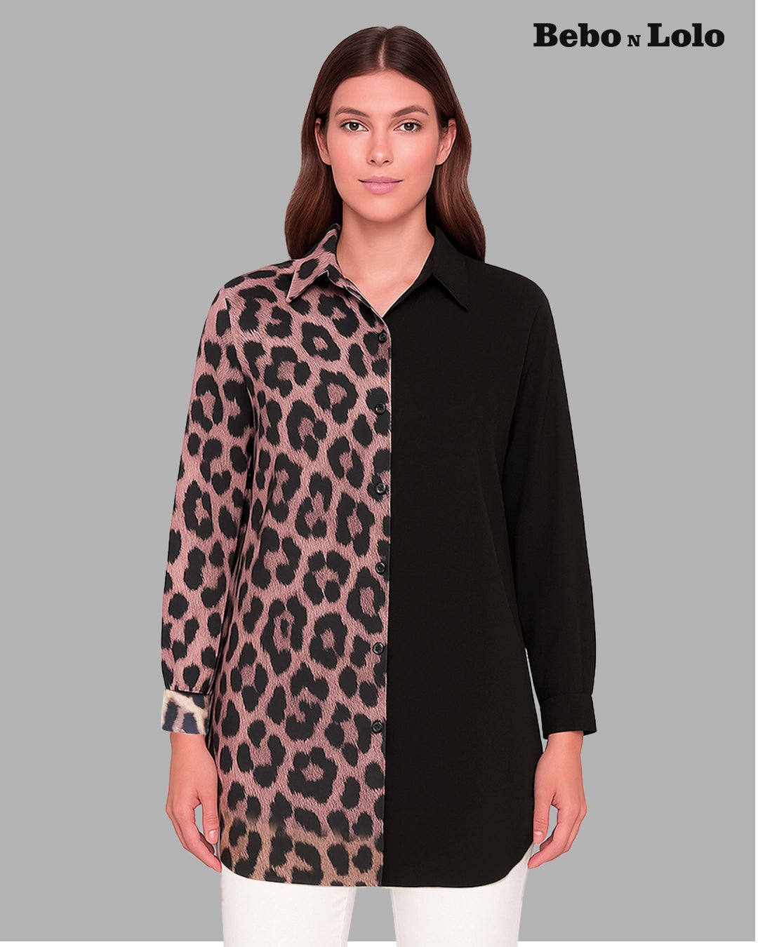 BeboNLolo Eclipse Contrast Leopard Shirt with half pink leopard print and half solid black – Front View