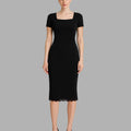 BeboNLolo Luxe Lace Hem Midi Dress in black with square neckline, short sleeves and lace trim – Front View