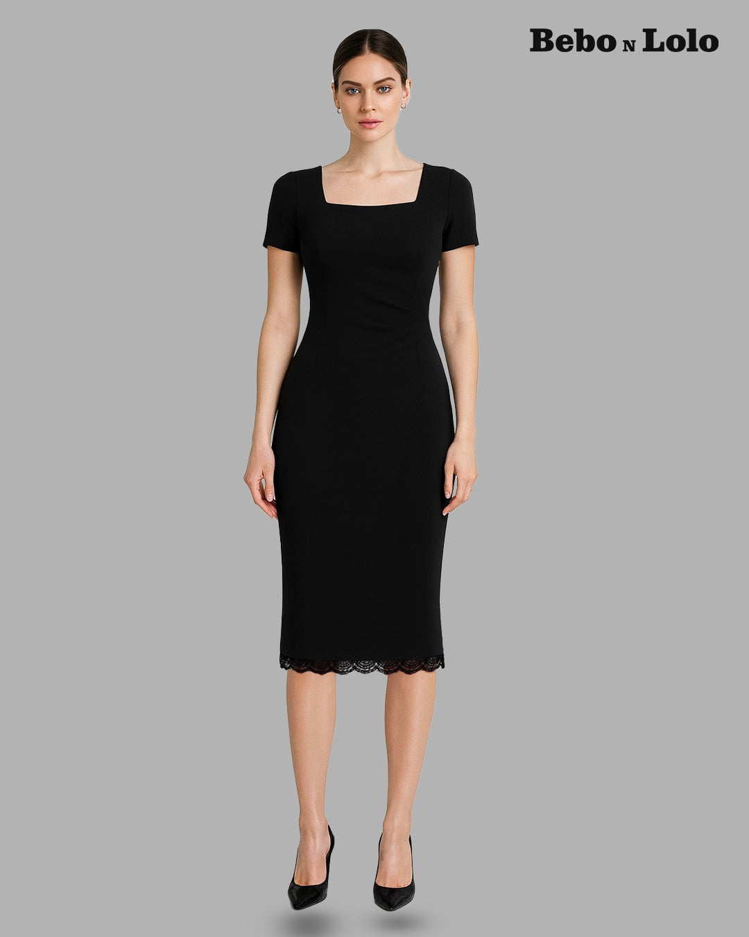 BeboNLolo Luxe Lace Hem Midi Dress in black with square neckline, short sleeves and lace trim – Front View