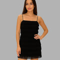 BeboNLolo black fringe layered sleeveless mini dress with spaghetti straps – Front View