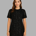 BeboNLolo Radiant Sequin Embellished Dress in black with shimmering details – Front View