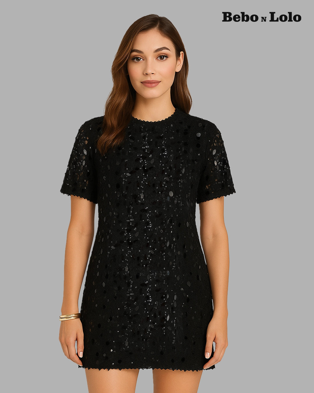 BeboNLolo Radiant Sequin Embellished Dress in black with shimmering details – Front View