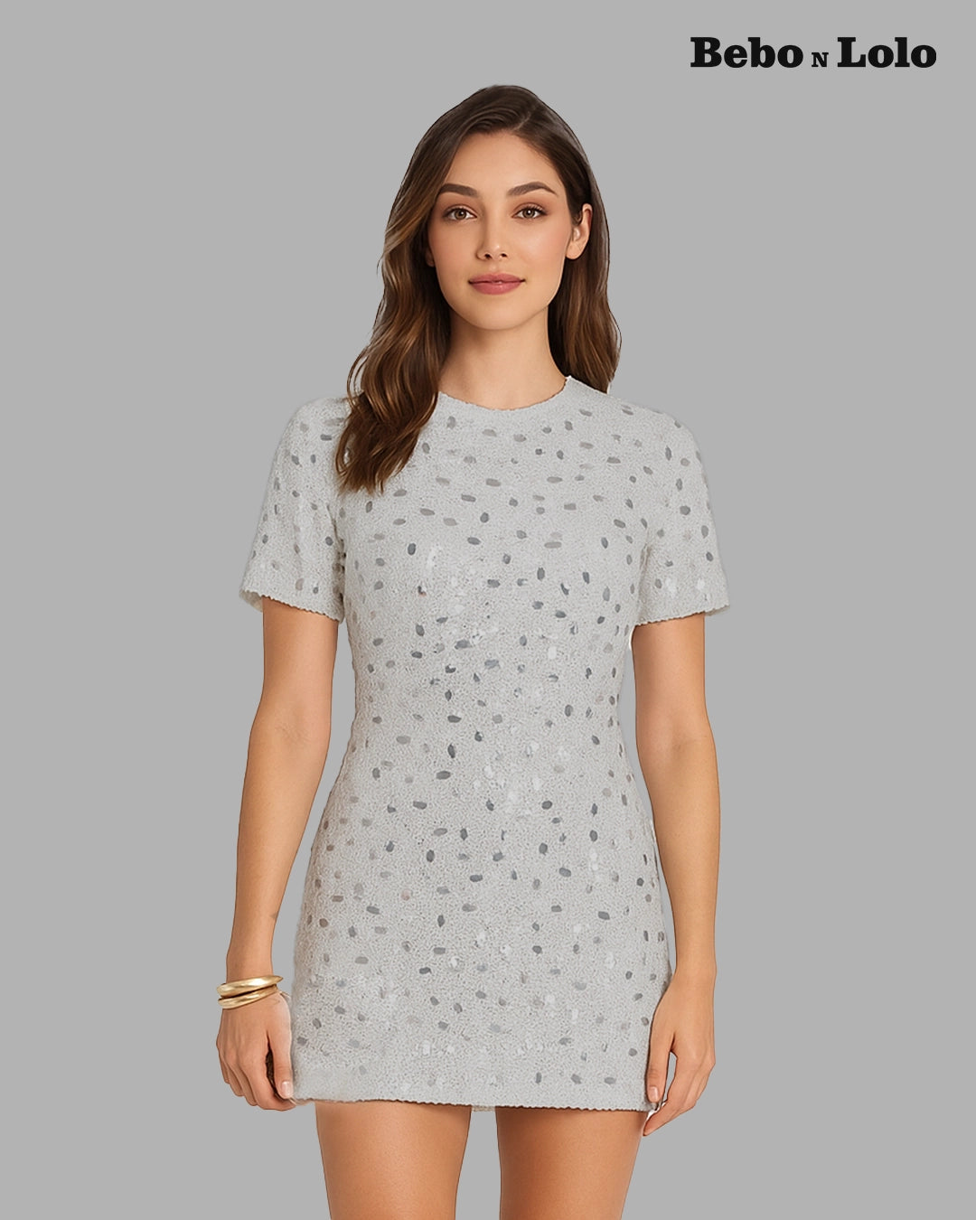 BeboNLolo Radiant Sequin Embellished Dress in grey with glittering sequin finish – Front View
