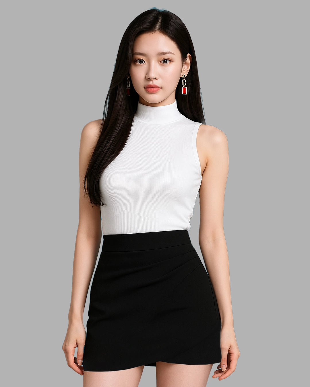 Woman wearing a white sleeveless top and black skirt on a gray background