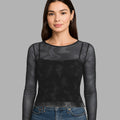 BeboNLolo black sheer mesh long-sleeve top with camisole layered Front View