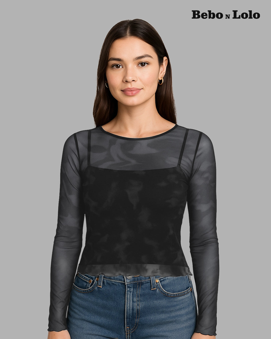 BeboNLolo black sheer mesh long-sleeve top with camisole layered Front View