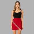 BeboNLolo red embellished mini skirt with silver fringe detail styled with black sleeveless top – Front View