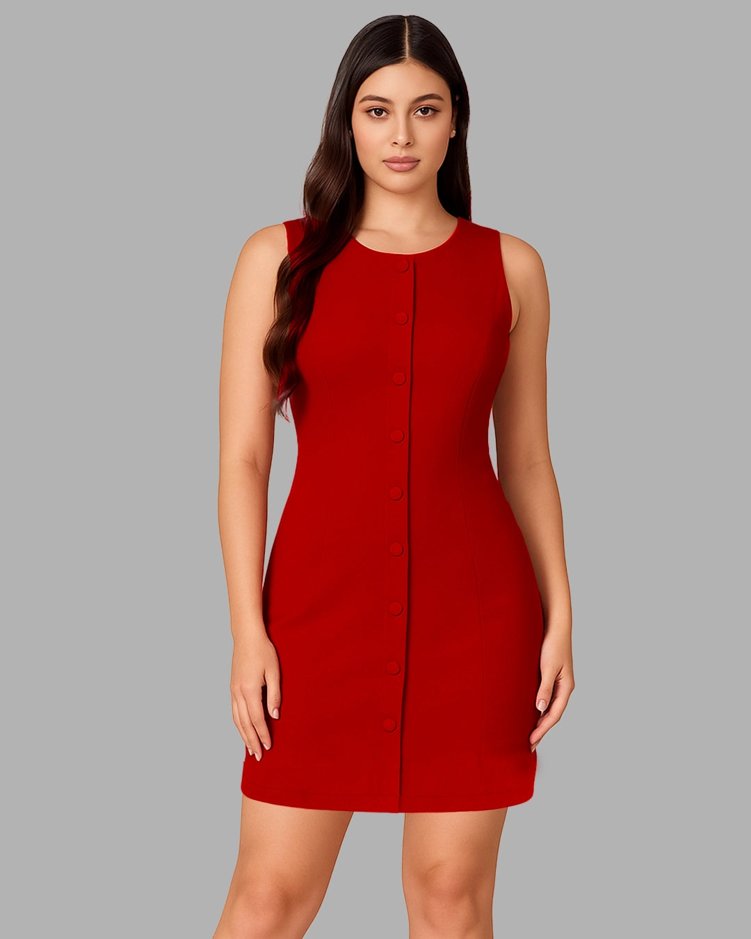 Woman wearing a red dress against a gray background