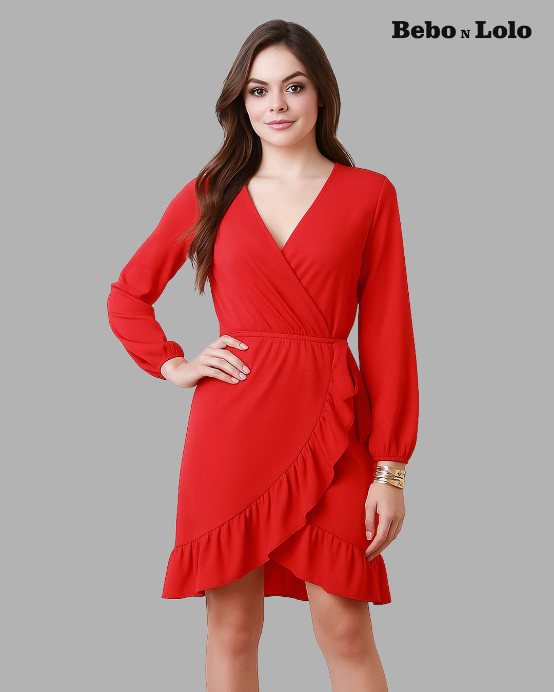 BeboNLolo red  wrap dress with V-neckline, long sleeves and ruffle hem – Front View