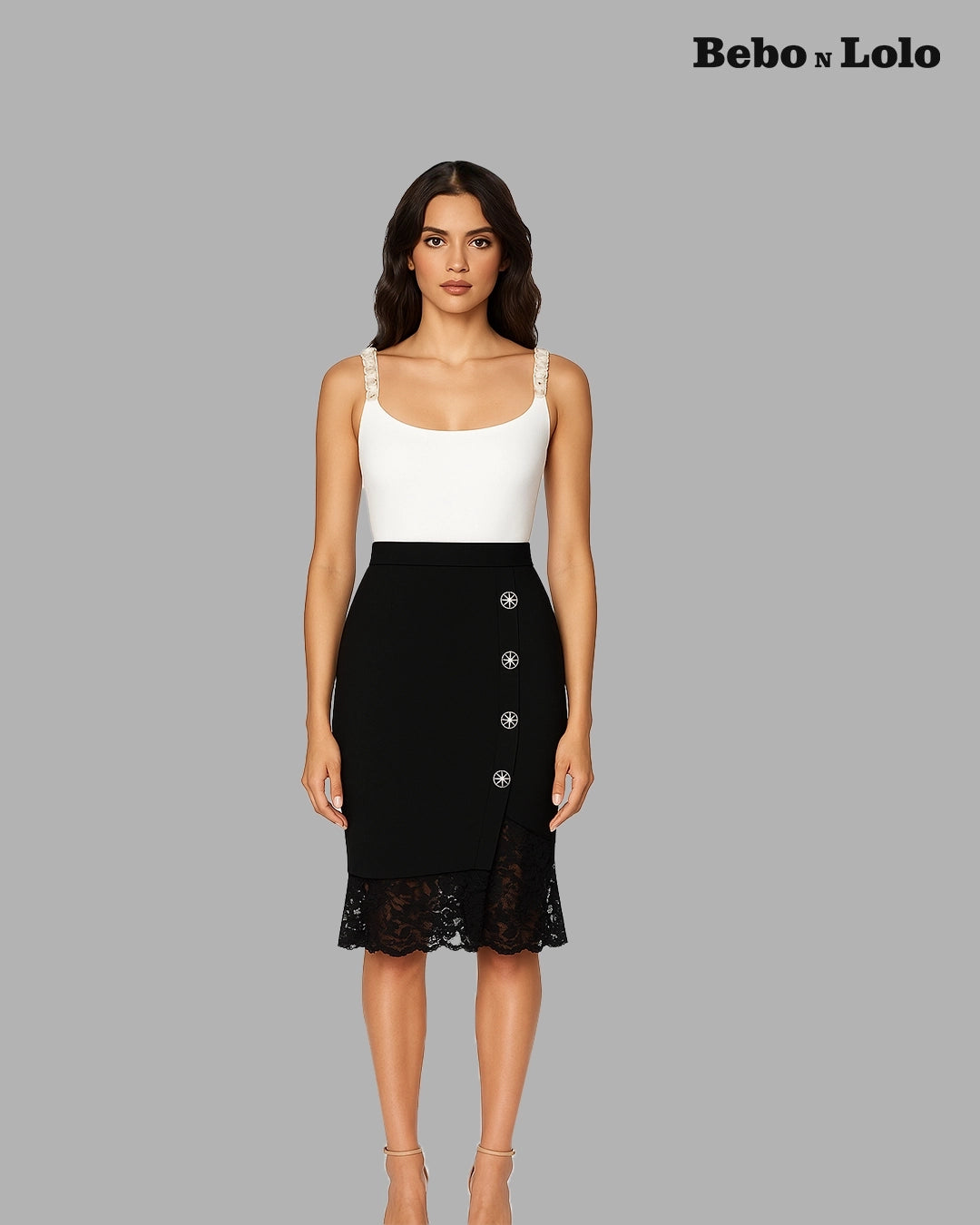 BeboNLolo black knee-length pencil skirt with side button detailing and lace hem – Front View