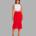 BeboNLolo red high-waist midi skirt with sheer pleated hem – Front View