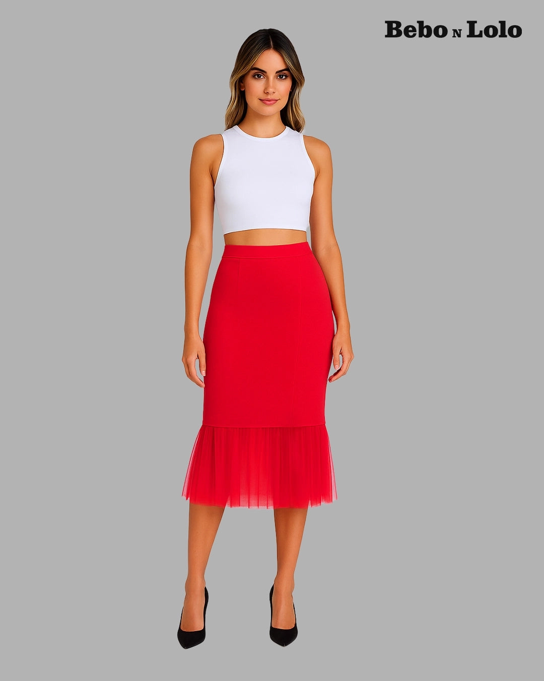 BeboNLolo red high-waist midi skirt with sheer pleated hem – Front View