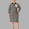 BeboNLolo plus-size black and white striped long-sleeve dress with floral applique – Front View