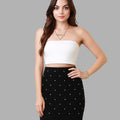 BeboNLolo black embellished high-waist mini skirt with pearl studded diamond pattern – Front View