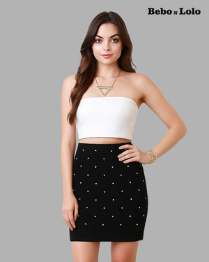 BeboNLolo black embellished high-waist mini skirt with pearl studded diamond pattern – Front View