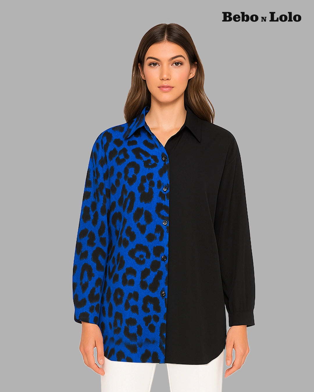 BeboNLolo Eclipse Contrast Leopard Shirt with half blue leopard print and half solid black – Front View
