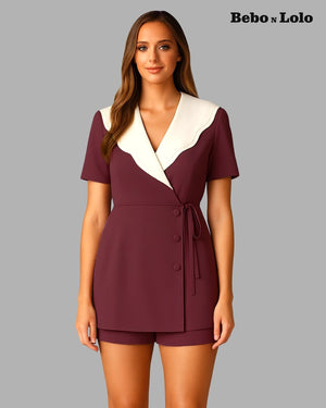 Wrap Blazer Shorts Set with White Scallop Collar