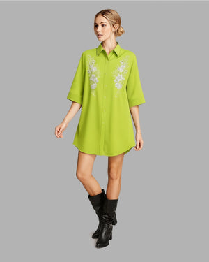 Woman wearing a green dress with floral embroidery on a gray background
