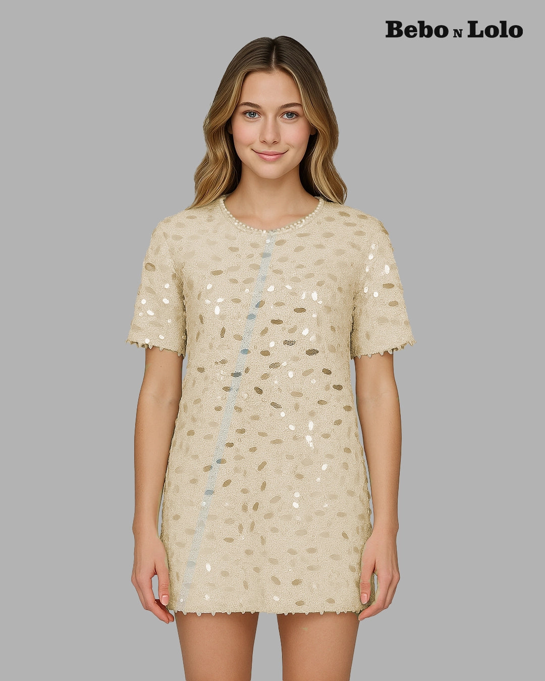 BeboNLolo Radiant Sequin Embellished Dress in cream with soft shimmering sequins – Front View