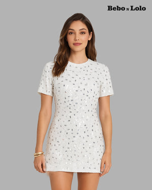 BeboNLolo Radiant Sequin Embellished Dress in white with sparkling embellishments – Front View