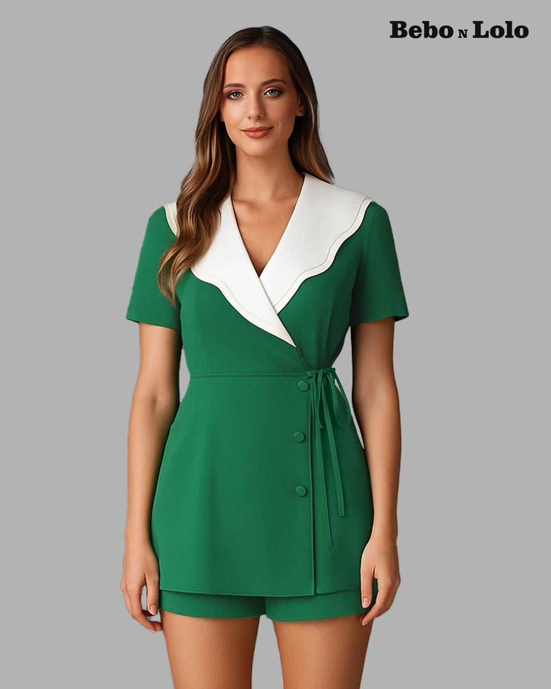 Wrap Blazer Shorts Set with White Scallop Collar
