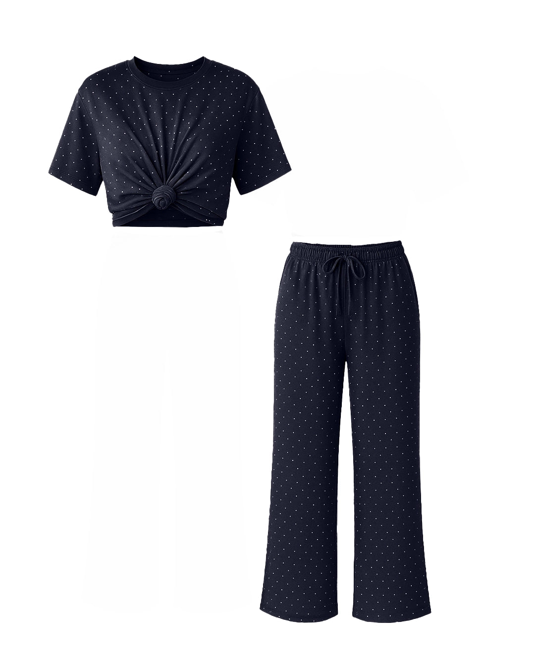 Navy blue pajama set with a top and pants on a white background