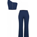 Navy blue one-shoulder top and wide-leg pants set on a white background