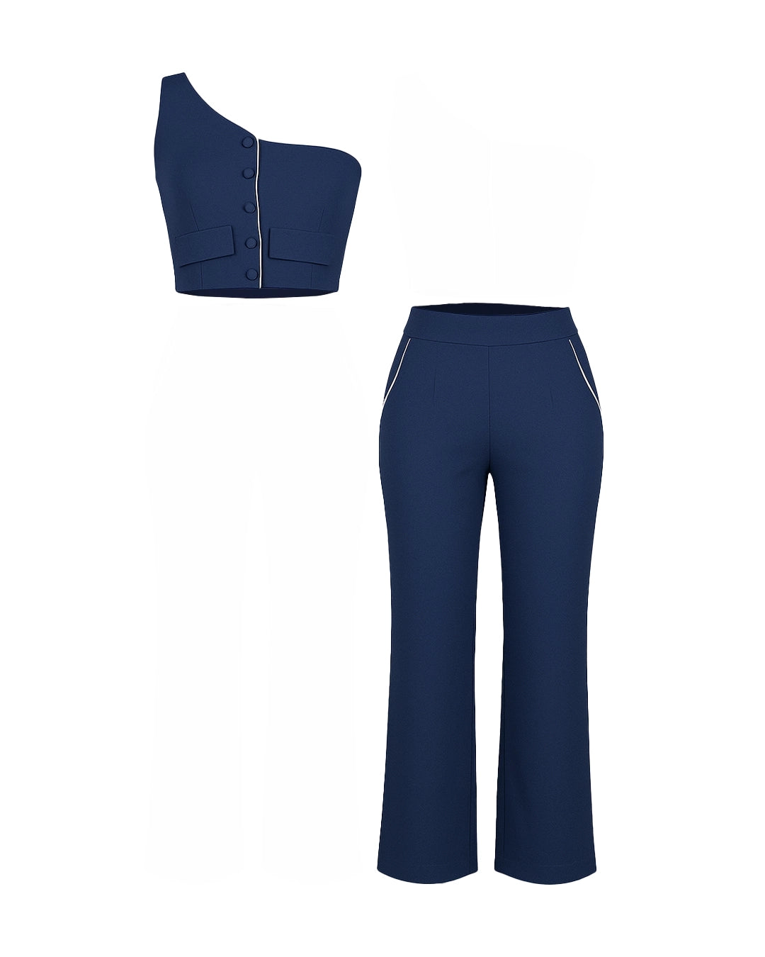 Navy blue one-shoulder top and wide-leg pants set on a white background