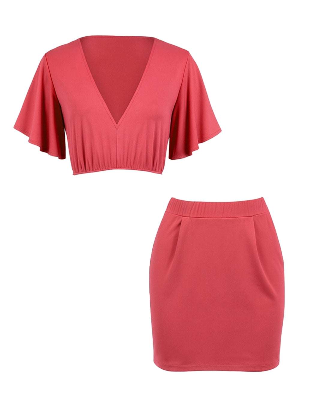 Red crop top and skirt set on a white background