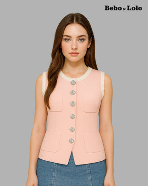 BeboNLolo peach sleeveless buttoned waistcoat top with decorative buttons – Front View