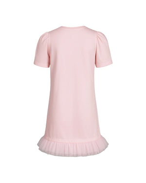Pink dress with a ruffled skirt on a white background