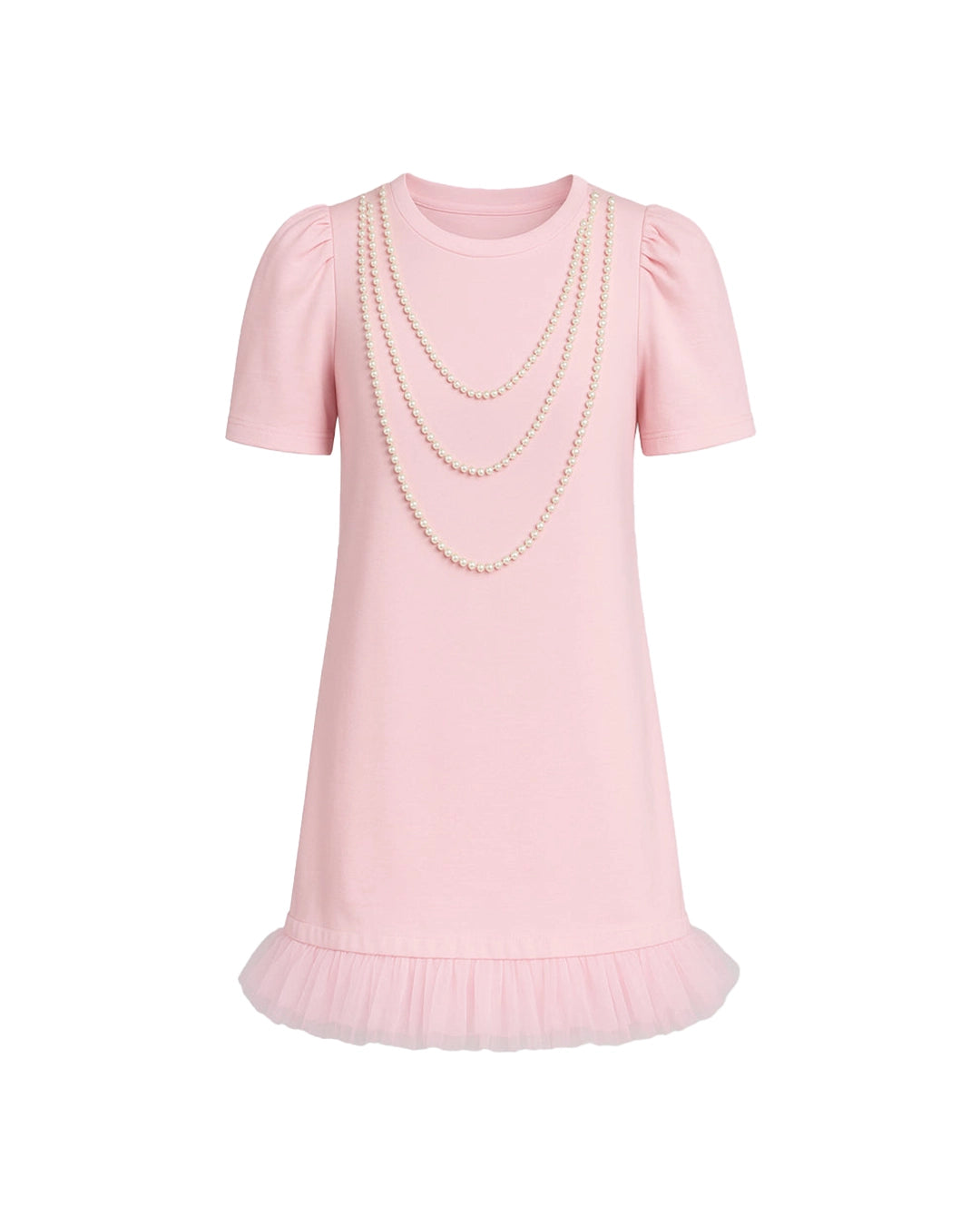 Pink dress with pearl necklace on a white background