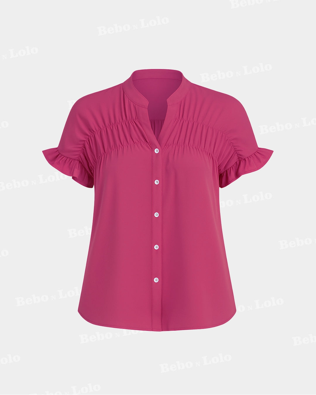 BeboNLolo Ruffle Charm Button Top in pink with short ruffle sleeves and button-down front – Front View
