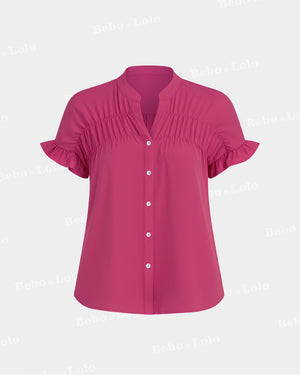 BeboNLolo Ruffle Charm Button Top in pink with short ruffle sleeves and button-down front – Front View