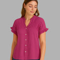 BeboNLolo Ruffle Charm Button Top in pink with short ruffle sleeves and button-down front – Front View